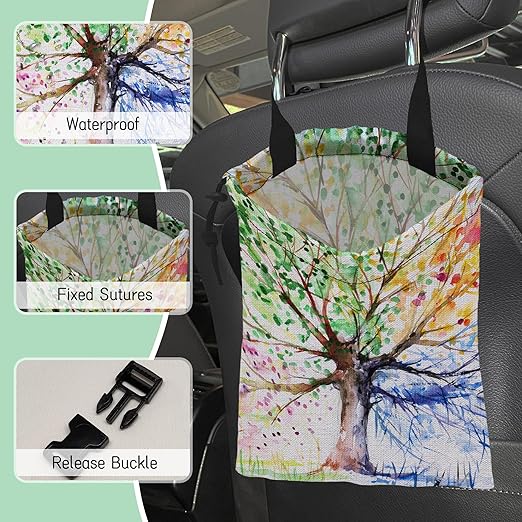 NHNXHWIA Watercolors Tree Car Garbage Bag,Colorful Tree Waterproof Small Car Trash Bag Hanging Back of Seat,Drawstring Hanging Car Trash Bag with Adjustable Buckle for Car Accessories