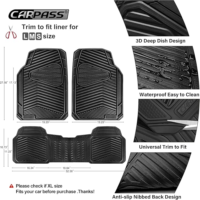 CAR PASS Rubber Car Mats, Waterproof Car Floor Mats All Weather,Car Mat Full Set 3 Piece, Automotive Floor Mat Trim to Fit for Cars Sedans SUVs Trucks, Anti-Slip Easy Clean, All Black