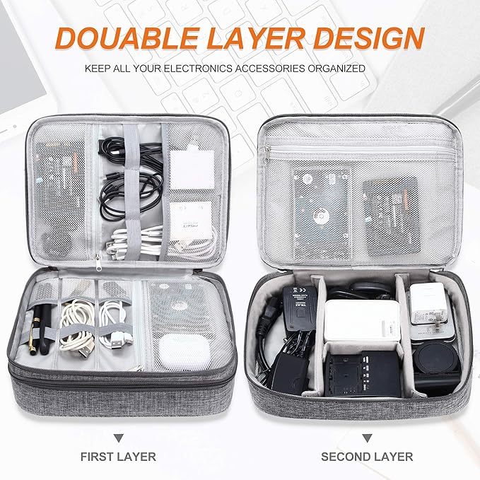 SELLYFELLY Electronic Bag Travel Cable Accessories Bag Waterproof Double Layer Electronics Organizer Portable Storage Case for Cable, Cord, Charger, Phone, Adapter, Power Bank, Kindle, Hard Drives