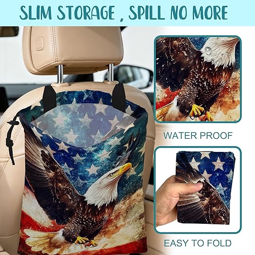 KXWQTRDD Car Garbage Bag Bald Eagle American Flag Drawstring Car Trash Bag Hanging for Back Seat with Adjustable Buckle Canvas Vehicle Trash Can Easy-to-Install