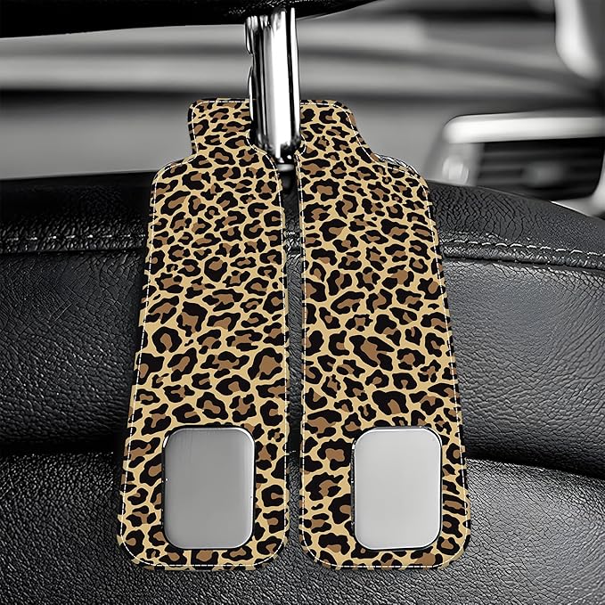 Purse Hook for Car Abstract Brown Leopard 1 Pack Headrest Back Seat Hook Premium Leather Double Metal Hanger Storage Pack Bag Purse Holder Car Accessories