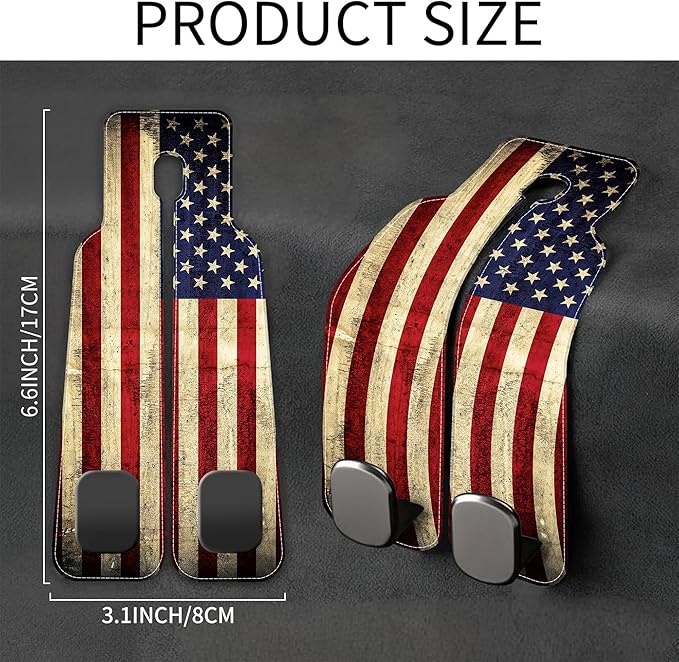 AEWNUNK Purse Hook for Car Vintage American Flag 1 Pack Headrest Back Seat Hook Premium Leather Double Metal Hanger Storage Pack Bag Purse Holder Car Interior Accessories