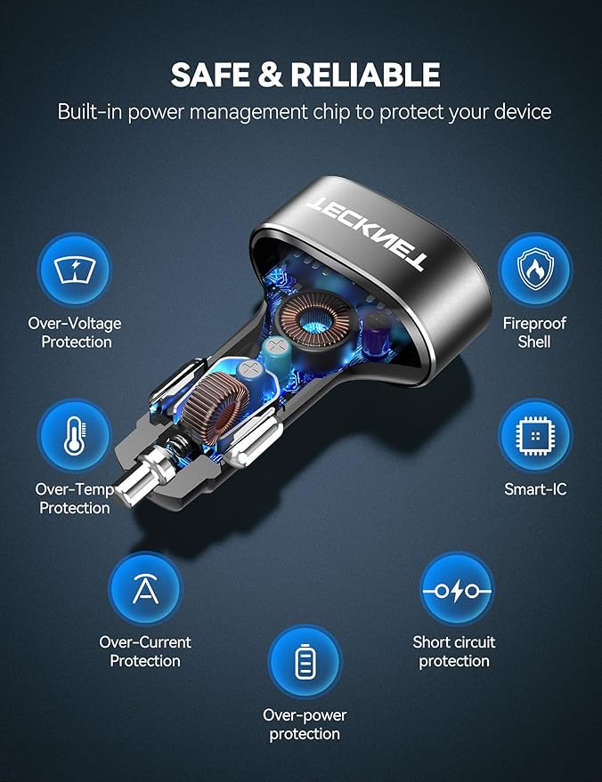 TECKNET USB Car Charger, 54W 4-Port Car USB Charger Multi Port Adapter, QC 3.0 Port Cigarette Lighter Charger, Fast Charging Adapter, Compatible with iPhone 15 Pro Max/15 Plus/15/14/13（Dark Black）