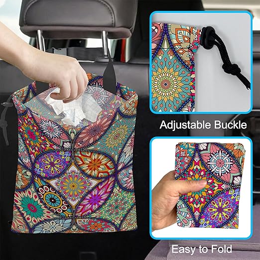 ghatobty Car Trash Bag Hanging Mandala Flower Car Trash Can Waterproof Garbage Bag Hanging for Car Back Seat