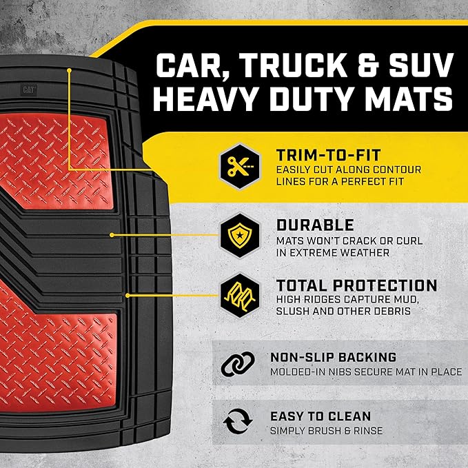 Cat® DiamondShield™ Rubber Floor Mats for Cars Trucks SUV, All Weather Protection, Front and Rear Car Mats with Heel Pad & Anti-Slip Backing, Universal Trim-to-Fit Rubber Floor Mats for Car, Red