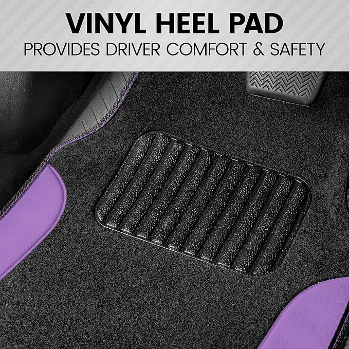 BDK Two-Tone Carpet Car Floor Mats with Faux Leather Accents, Automotive Floor Mat Set with Built-in Heel Pad, Stylish Interior Car Accessories (Purple) (Pack of 2)