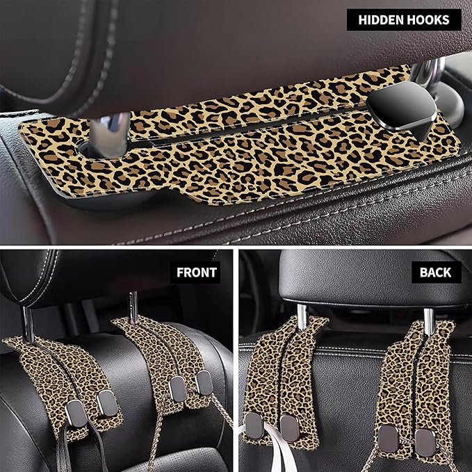 Purse Hook for Car Abstract Brown Leopard 1 Pack Headrest Back Seat Hook Premium Leather Double Metal Hanger Storage Pack Bag Purse Holder Car Accessories