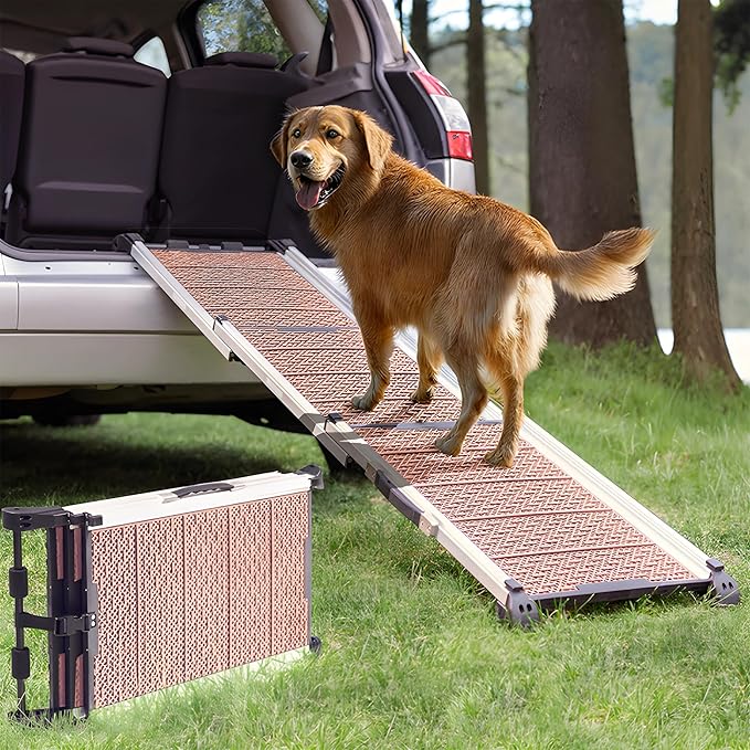 Dog Ramp for Car - Stable Anti-Slip Dog Car Ramp for Large Dogs - 63" Long & 15" Wide - 250LBS Capacity - Telescoping Pet Ramp - Lightweight - Reflective Sides - Fixing Clip - Desert Sand