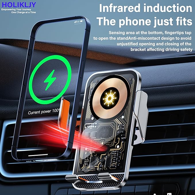 Wireless Car Phone Mount, 15W Fast Charging Car Phone Holder Charger Auto-Clamping 360 Dgrees Rotation Adjustable Air Vent Phone Mount Car Charger with luminous Logo for iPhone 16 15 14 13 S24 S23 S22