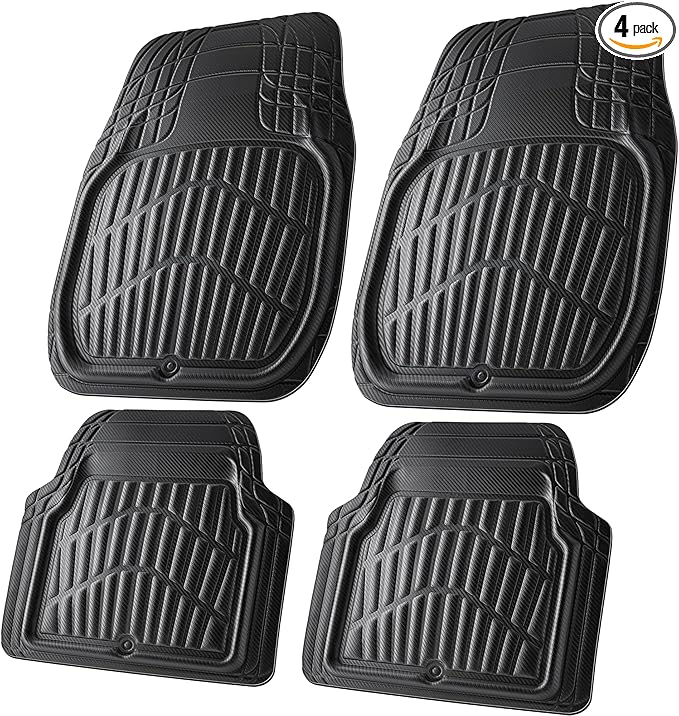 CAR PASS Carbon Fiber Leather Car Floor Mats -3D Waterproof All Weather, Universal Trim to Fit & Anti-Slip Burr Bottom Safety & Light Easy Clean Install for SUV Truck Auto Sedan Van(Black)
