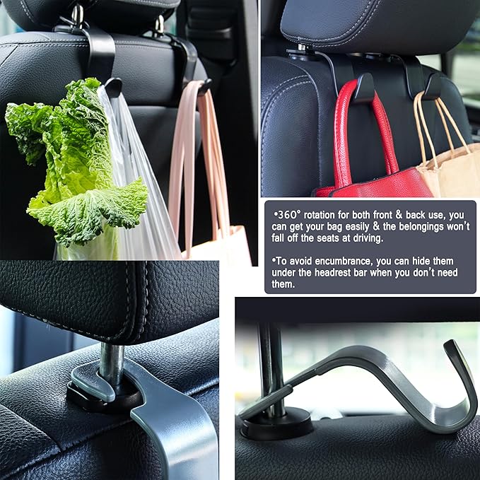 Amooca Car Seat Headrest Hook 4 Pack Hanger Universal Vehicle Car Storage Organizer for Handbag Purse Coat S Type Grey