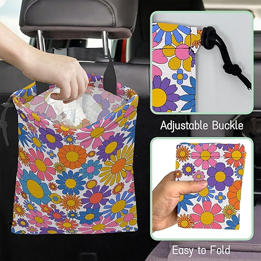 NHNXHWIA Groovy Flower Car Trash Bag,Retro Daisy Hanging Drawstring Car Garbage Bag,Waterproof Canvas Car Back Seat Organizer with Adjustable Buckle,for Vehicles,SUVs,Camping,Road Trips