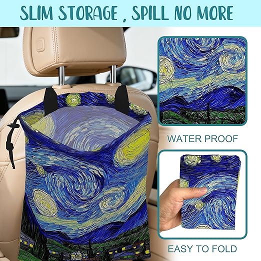 KXWQTRDD Car Trash Bag Abstract The Starry Night Leak-Proof Car Garbage Bag with Drawstring Foldable Canvas Trash Bin with Adjustable Buckle for Car Accessories