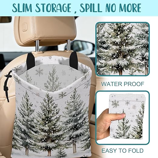 KXWQTRDD Car Garbage Bag Watercolor Snowy Green Pine Trees Hanging Canvas Car Trash Bag Drawstring Car Back Seat Organizer for Car Back Front Seat Console with Adjustable Buckle