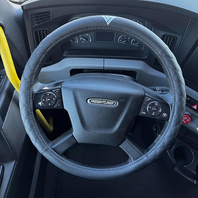 Genuine Leather Steering Wheel Cover for Semi Truck – 18" X-Large, Diamond Stitching, Anti-Slip Grip, Fits 18 Inch Wheels for Big Rig, RV & 18 Wheeler Trucks (Black/Black)