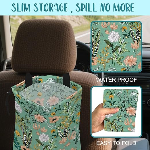 KXWQTRDD Car Garbage Bag Blooming Floral and Leaves Drawstring Car Trash Bag Hanging for Back Seat with Adjustable Buckle Canvas Vehicle Trash Can Easy-to-Install
