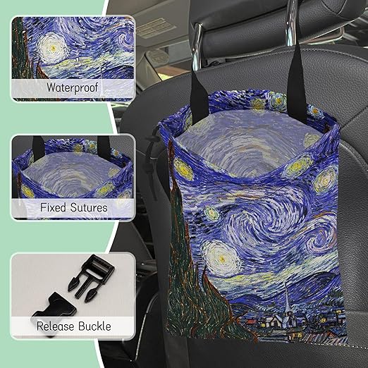 NHNXHWIA Starry Night Car Garbage Bag,Waterproof Small Car Trash Bag Hanging Back of Seat,Drawstring Hanging Car Trash Bag with Adjustable Buckle for Car Accessories