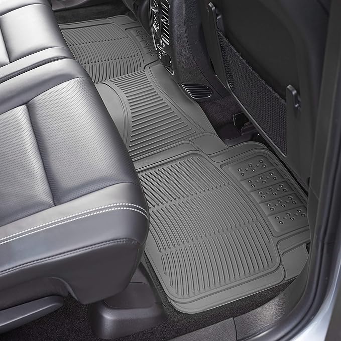 Amazon Basics Universal PVC Faux Rubber Car Floor Mats, Anti-Slip, All Weather Protection, Waterproof Flexible Trim to Fit for 95% Automotive SUV Sedans Trucks, Charcoal Pure Grey, Pack of 3