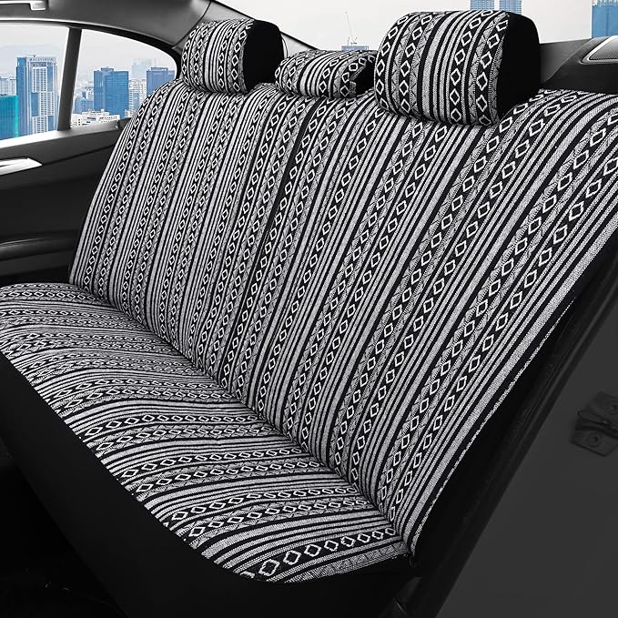 HAIYAOTIMES Baja Saddle Blanket Car Seat Covers Full Set with Seat Belt Pads, Washable Breathable Seat Covers for Cars, Universal Fit Interior Covers for Most Cars, Airbag Compatible, Black/White