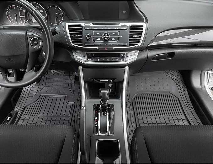 Motor Trend 4-Piece FlexTough Rubber Floor Mats for Cars Trucks SUVs Vans, Trim-to-Fit Heavy Duty Weatherproof Waterproof Square Grid Deep Dish Ridges Protection Front Rear Non-Slip All Weather