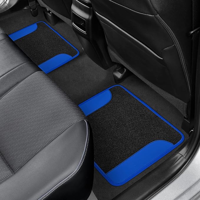 BDK Carpet Floor Mats for Cars, Two-Tone Carpet Car Mat with Faux Leather Accents, Automotive Floor Mat Sets with Built-in Heel Pad, Stylish Interior Car Accessories Blue