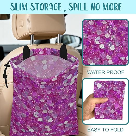 KXWQTRDD Car Garbage Bag Pink and Purple Hexagonal Hanging Canvas Car Trash Bag Drawstring Car Back Seat Organizer for Car Back Front Seat Console with Adjustable Buckle