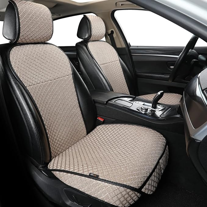 XZPILINA Breathable Car Seat Cover,Luxury Front Seat Cover,Durable and Non Slip,Polyester Silk Material, Universal Car Seat Cushion,Suitable for All Seasons,Airbag Compatible(Beige，2PCS)