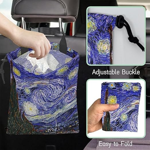 NHNXHWIA Starry Night Car Garbage Bag,Waterproof Small Car Trash Bag Hanging Back of Seat,Drawstring Hanging Car Trash Bag with Adjustable Buckle for Car Accessories