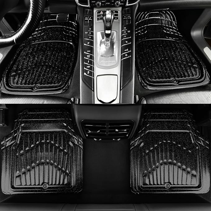 CAR PASS Shining Glitter Car Floor Mats 3D Leather Waterproof All Weather, Universal Trim to Fit & Anti-Slip, Safety & Light Easy Clean Install Fit for SUV,Truck,Auto,Sedan,Van 4 Piece (Black Glitter)
