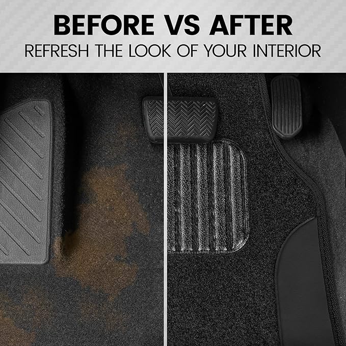 BDK Carpet Floor Mats for Cars, Two-Tone Carpet Car Mat with Faux Leather Accents, Automotive Floor Mat Sets with Built-in Heel Pad, Stylish Interior Car Accessories Black