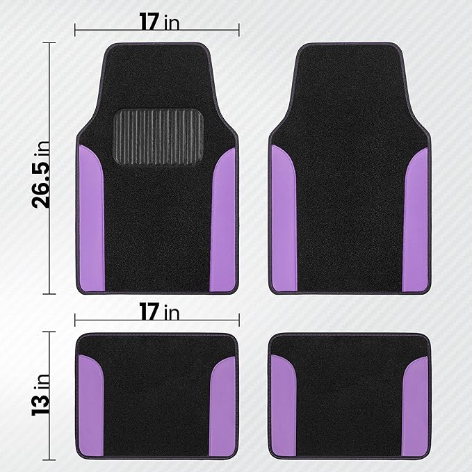 BDK Two-Tone Carpet Car Floor Mats with Faux Leather Accents, Automotive Floor Mat Set with Built-in Heel Pad, Stylish Interior Car Accessories (Purple)