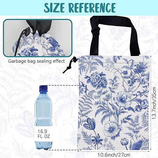KXWQTRDD Car Garbage Bag Abstract Blue and White Floral Hanging Canvas Car Trash Bag Drawstring Car Back Seat Organizer for Car Back Front Seat Console with Adjustable Buckle