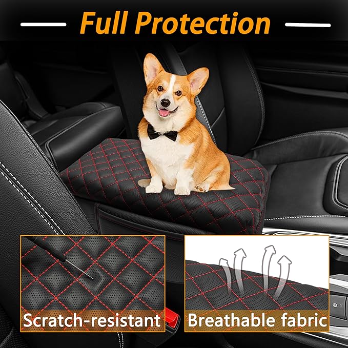 Center Console Cover for Ford Explorer 2026 2025 2020-2024 Accessories 1.2in Thickness Armrest Cover Leather Arm Rest Box Lid Protector Cushion Pad Middle Console Cover with Side Pockets (Red Stitch)