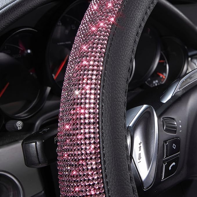 CAR PASS Bling Diamond Leather Steering Wheel Cover, Bling Sparkly Crystal Glitter Rhinestones Universal Fit 14" 1/2-15" Car Wheel Protect for Women Girl Fit Suvs,Vans,Sedans,Cars,Trucks, Pink Black