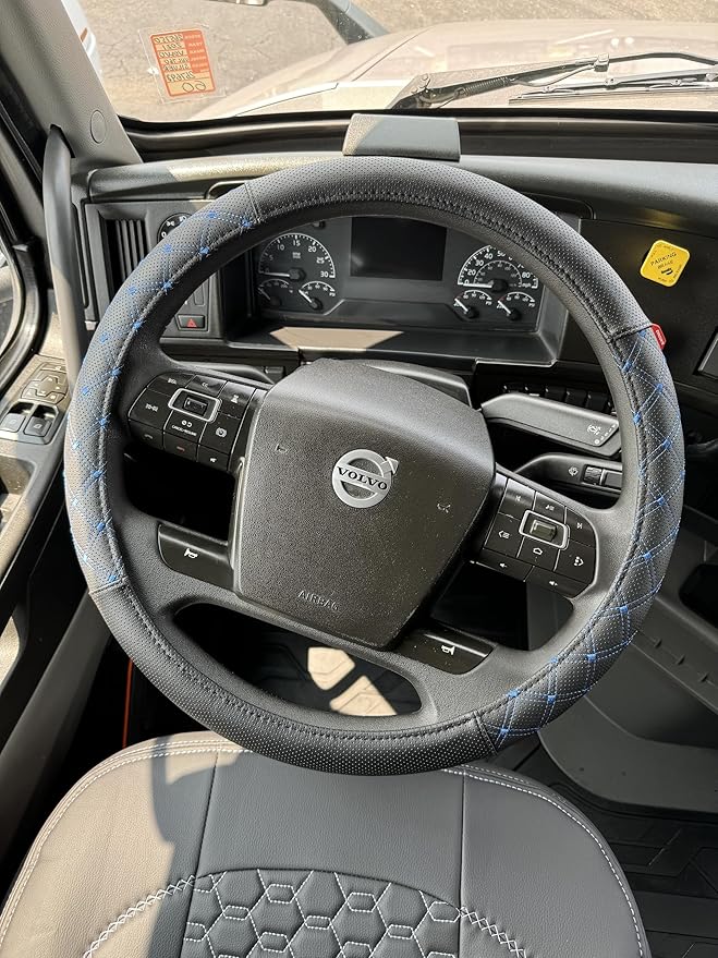 Genuine Leather Steering Wheel Cover for Semi Truck – 18" X-Large, Diamond Stitching, Anti-Slip Grip, Fits 18 Inch Wheels for Big Rig, RV & 18 Wheeler Trucks (Black/Blue)