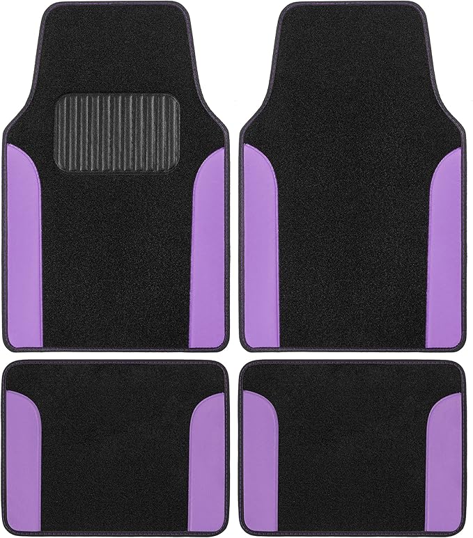 BDK Carpet Floor Mats for Cars, Two-Tone Carpet Car Mat with Faux Leather Accents, Automotive Floor Mat Sets with Built-in Heel Pad, Stylish Interior Car Accessories Purple