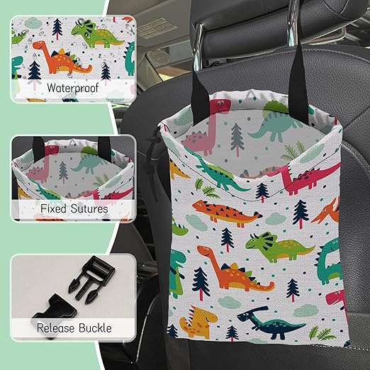 NHNXHWIA Cartoon Dinosaurs Car Trash Bag,Hanging Drawstring Car Garbage Bag,Waterproof Canvas Car Back Seat Organizer with Adjustable Buckle,for Vehicles,SUVs,Camping,Road Trips