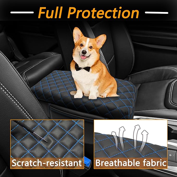 Center Console Cover for Ford Explorer 2026 2025 2020-2024 Accessories 1.2in Thickness Armrest Cover Leather Arm Rest Box Lid Protector Cushion Pad Middle Console Cover with Side Pockets (Blue Stitch)