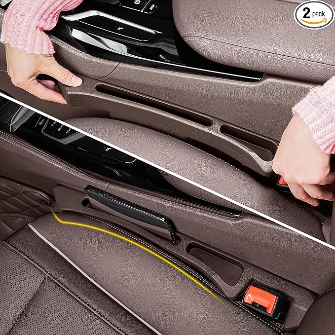 Car Seat Gap Filler Organizer with Dual Slots, 2 Pack Anti-Drop Storage Solution for Car SUV Truck - Prevents Phone, Keys, Wallet from Falling Between Seats (Brown)