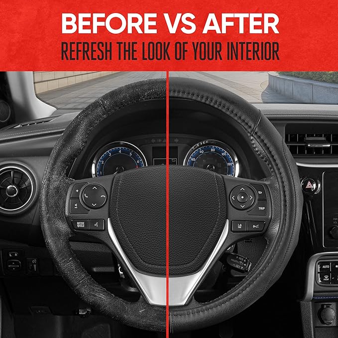 Motor Trend GripDrive Faux Black Leather Steering Wheel Cover for Car Truck Van SUV, Standard 15 inch Size, Solid Black Stitched Car Steering Wheel Cover Vehicle & Auto Accessories