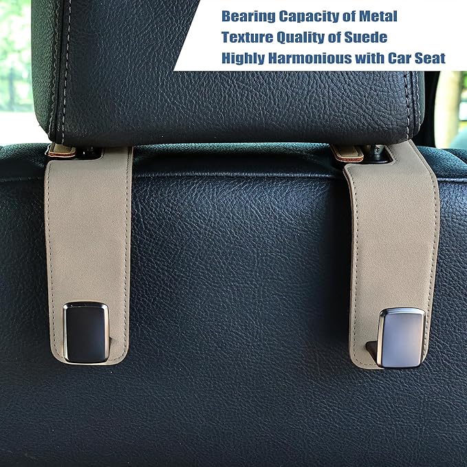 Amooca Car Seat Back Hook Universal Auto Storage Hanger Suede with Metal Car Seat Organizer for Handbag Purse Coat Umbrellas Grocery Bags 2 Pack Beige