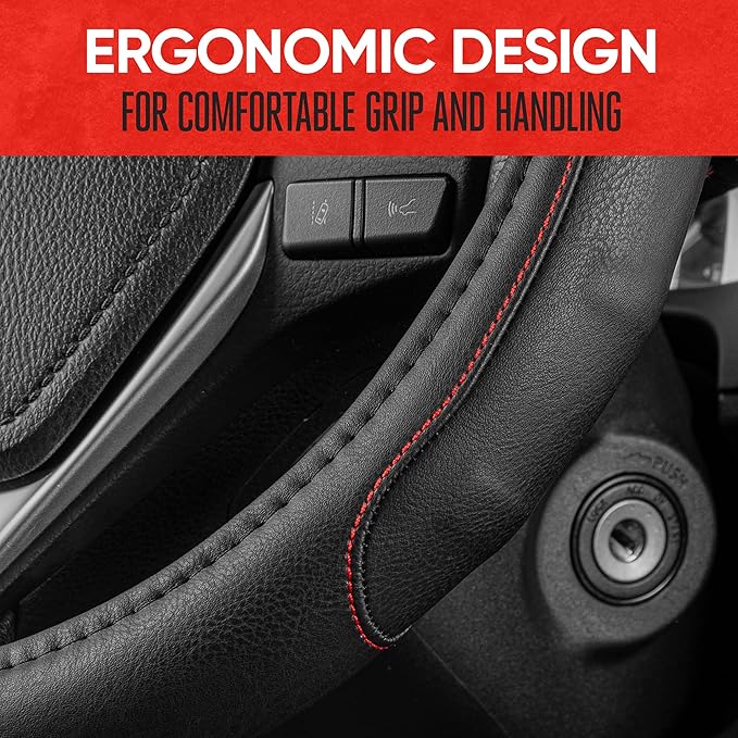 Motor Trend GripDrive Faux Black Leather Steering Wheel Cover for Car Truck Van SUV, Standard 15 inch Size, Red Accent Stitched Car Steering Wheel Cover Vehicle & Auto Accessories