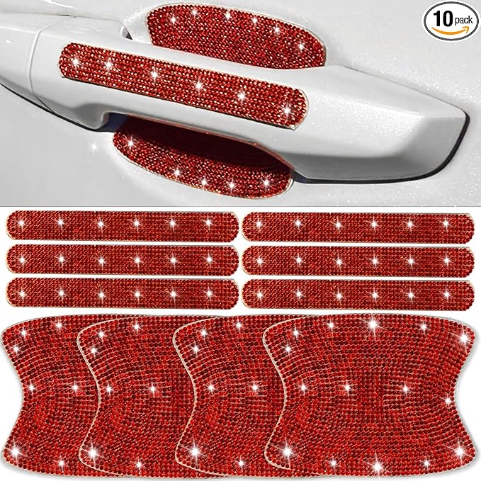10 pcs Bling Diamond Car Door Handle Stickers, Bling Car Accessories for Women, Universal Rhinestone Crystal Glitter Door Handle Protector Stickers and Decals, Scratch Safety Reflective (Red)