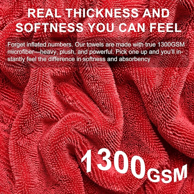 Singrune 2 Pack XL Car Drying Towel – 1300GSM Ultra Absorbent Microfiber, 24"x36" Large Size, Twisted Loop, Lint-Free & Streak-Free for Auto Detailing, Car, SUV, Truck(Gray-RED)