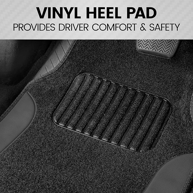 BDK Carpet Floor Mats for Cars, Two-Tone Carpet Car Mat with Faux Leather Accents, Automotive Floor Mat Sets with Built-in Heel Pad, Stylish Interior Car Accessories Grey