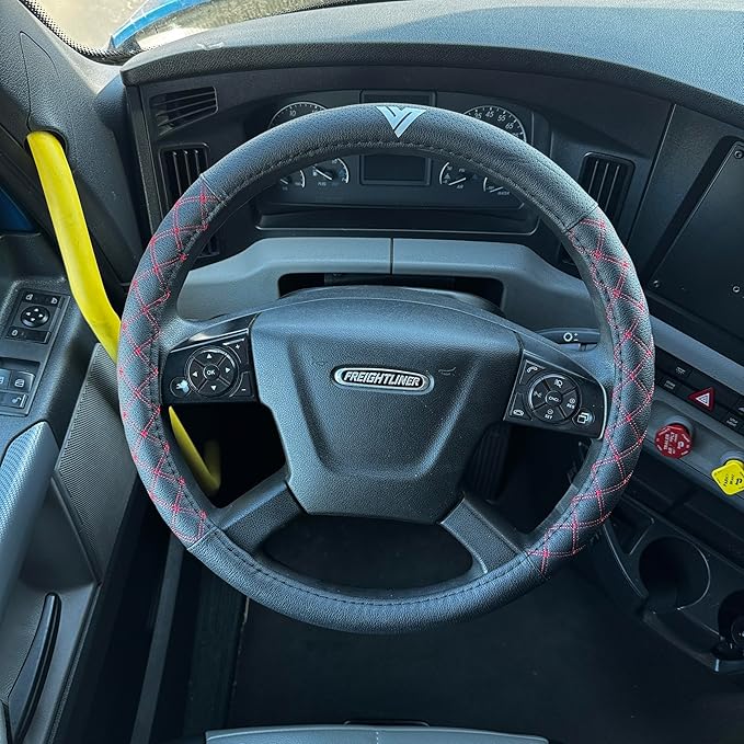 Genuine Leather Steering Wheel Cover for Semi Truck – 18" X-Large, Black with Red Diamond Stitching, Anti-Slip Grip, Fits 18 Inch Wheels for Big Rig, RV & 18 Wheeler Trucks (Black/red)