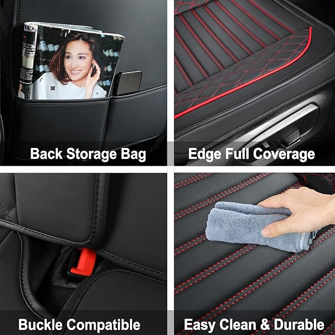 Vankerful Leather Seat Covers for Cars,Car Seat Covers Full Set,Automotive Seat Covers for Trucks,SUV,Leatherette,Universal Fit,Airbag Compatible Vehicles Seats Cushions(Full Set,Black-Red)