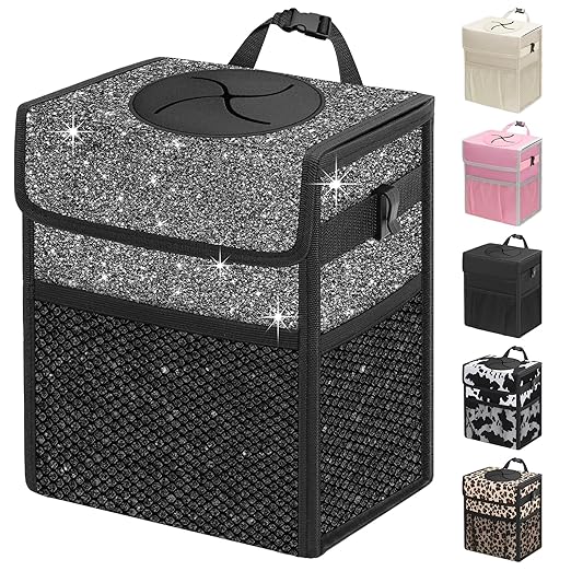 Capolo Car Trash Can with Lid, Leakproof Car Trash Bag Hanging Waterproof Automotive Garbage Can with Storage Pockets Mini Vehicle Trash Bin for Back/Front Seat(Sparkly Black,2.5 Gallon)