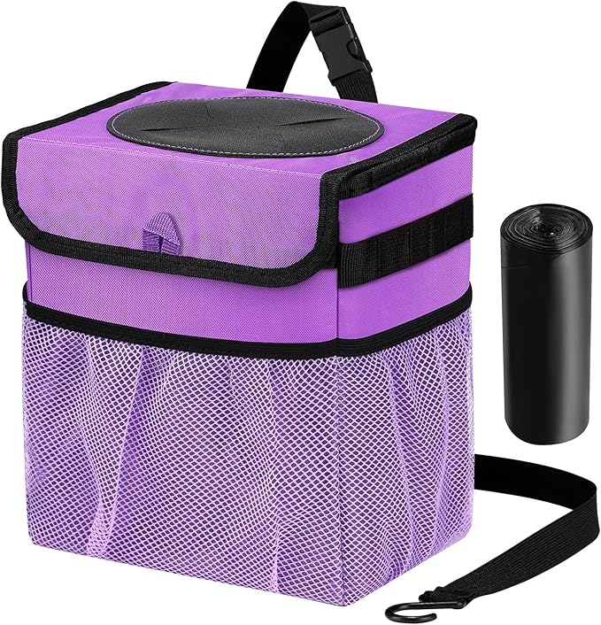 GPUSFAK Car Trash Can Foldable Garbage Bin Leakproof 2.3 Gallons Car Trash Bag Purple