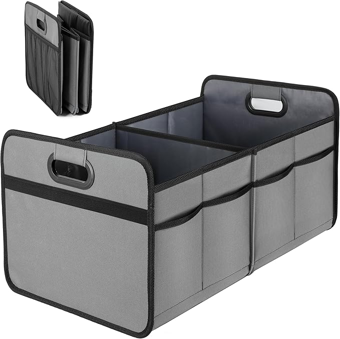 Simple Deluxe Car Trunk Organizer for SUV, Collapsible 2 Compartment 50L Automotive Storage Box with 5 Pocket, 600D Waterproof Oxford Polyester & Non Slip Bottom, Reinforced Handle, Grey